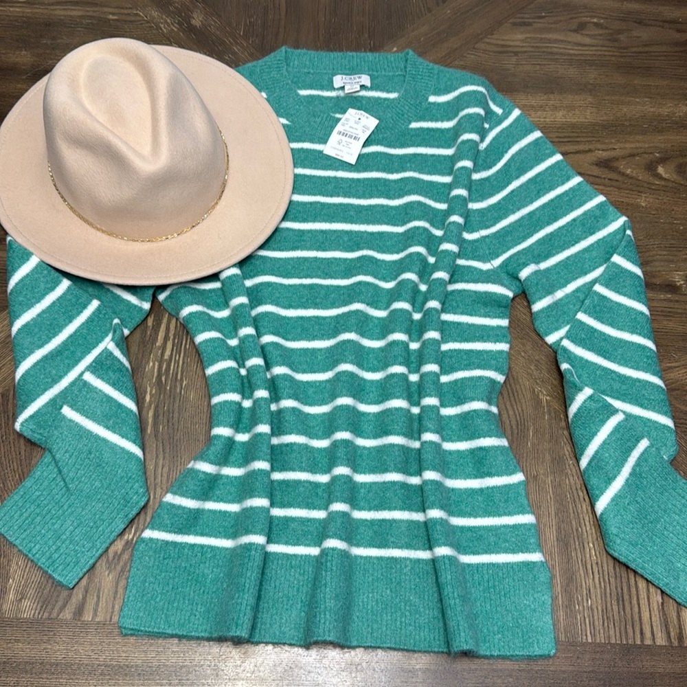 J. Crew Green and white striped extra soft sweater size M